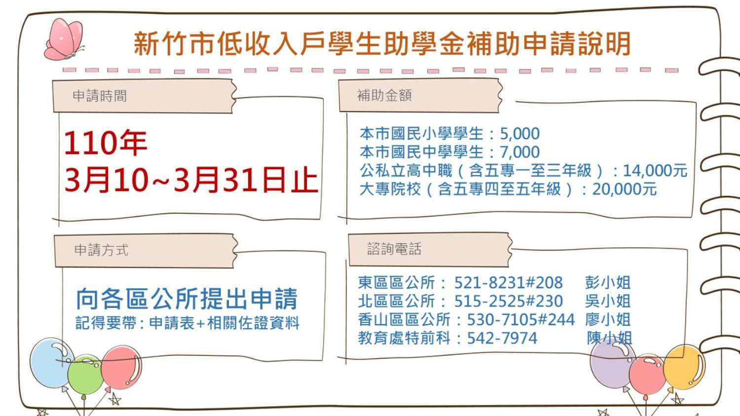 109學年度第2學期低收入戶學生助學金開始申請 請於3月10日至3月31日完成申請手續
