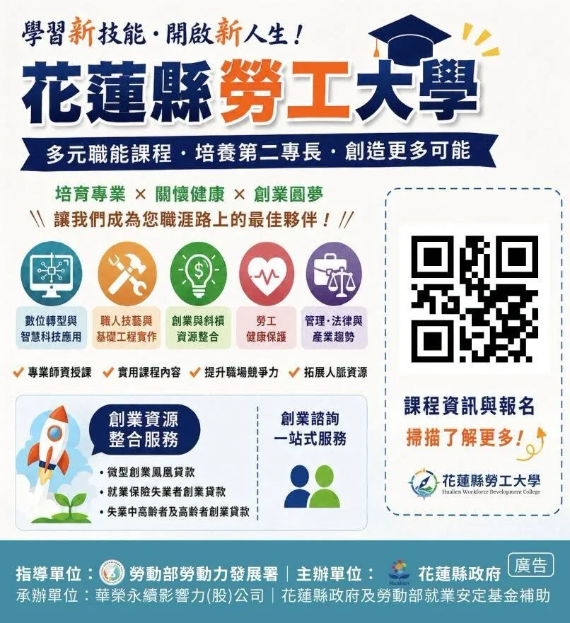 【集萬眾期待！縣府傾聽民意量身打造花蓮縣勞工大學   規劃5大類、16系列、共100場次免費實務課程 熱烈報名中】